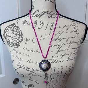 Vintage Pink Beaded Necklace with Purple Enamel Floral Pendant